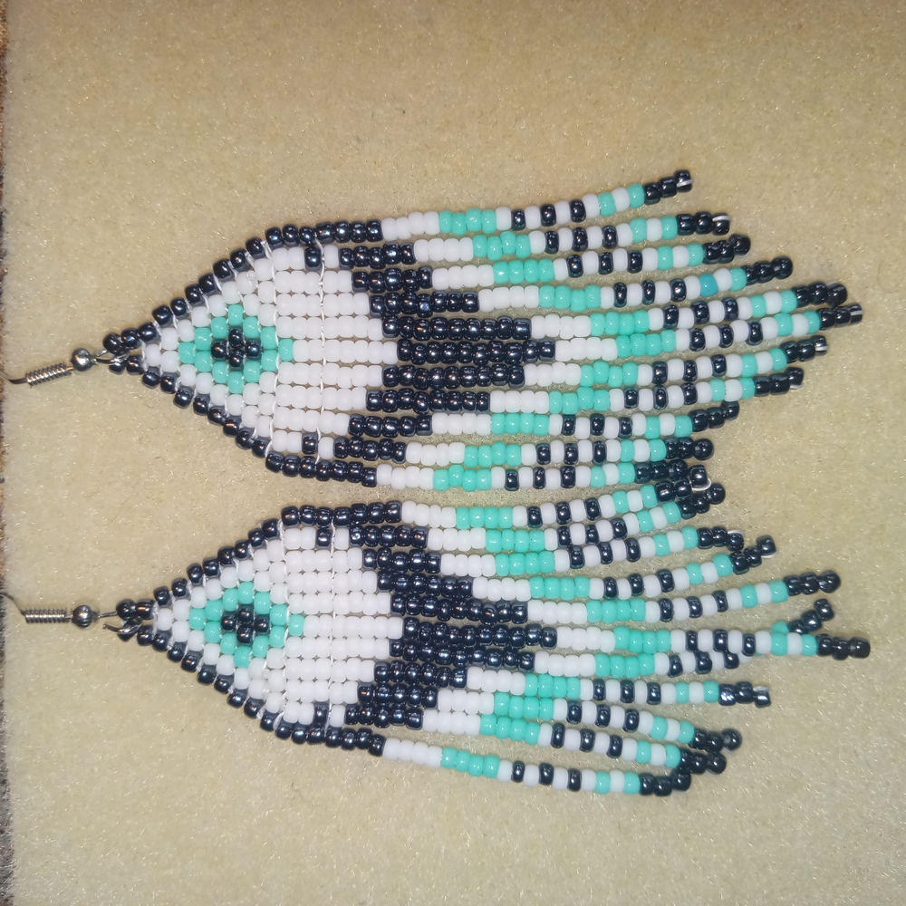 Beaded Fringe Earrings in Black, White, and Green